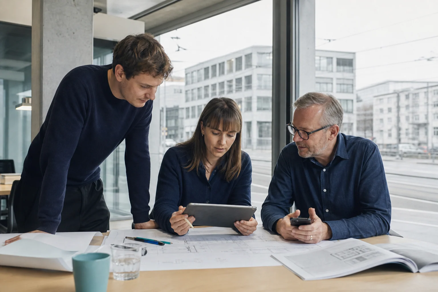 Drei Mitarbeitende eines Schweizer KMU arbeiten gemeinsam an einem Projekt